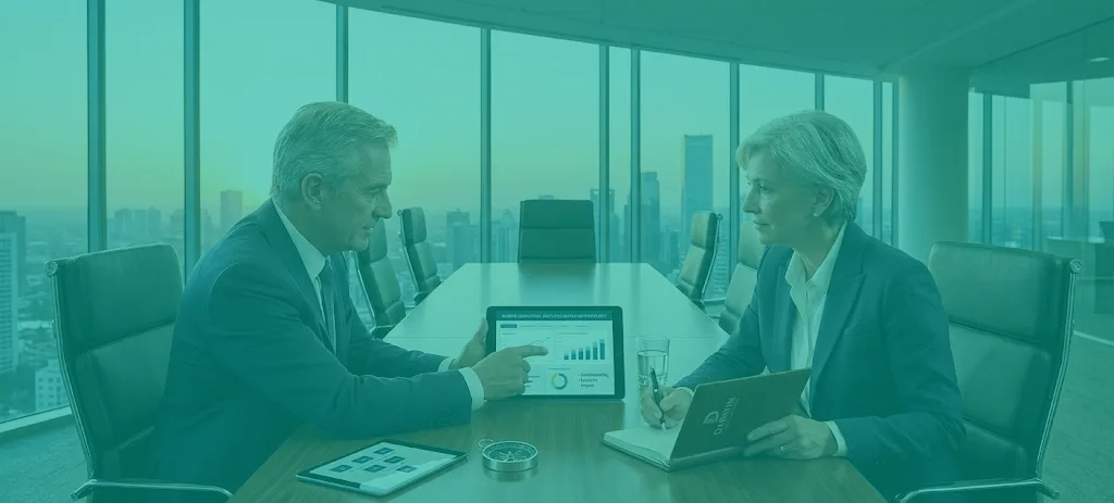 Dos personas en un escritorio revisando un informe en una tablet